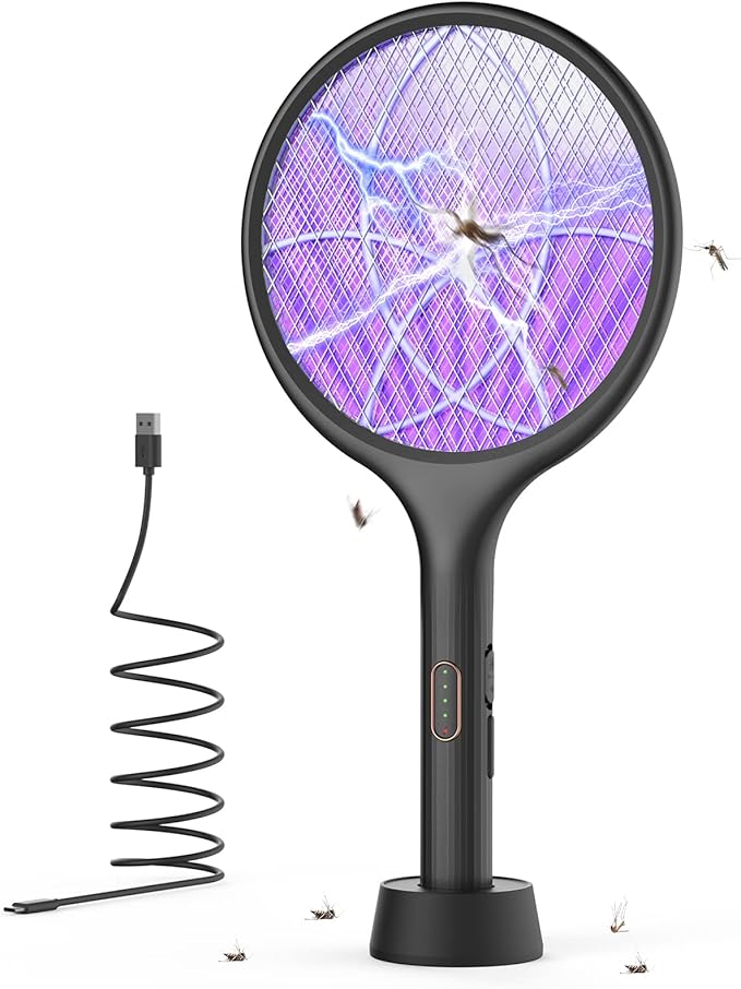 YISSVIC Electric Fly Swatter 4000V Bug Zapper Racket Dual Modes Mosquito Killer with Purple Mosquito Light Rechargeable for Indoor Home Office Backyard Patio Camping (Black-1 Pack)