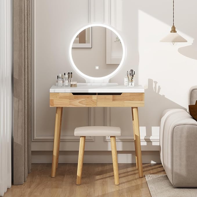 YOURLITE Makeup Vanity Desk with Lights,Small Vanity with Adjustable Brightness Mirror for Small Spaces, Dressing Table with Drawers (31.5", Circular Mirror Wood)