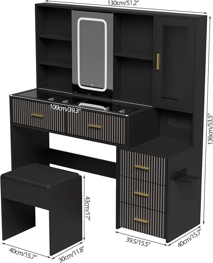 Large White Vanity Desk with Mirror and Lights，Vanity Table Makeup Vanity 5 Drawers with Power Strip Charging Station，Cushioned Stool for Bedroom, Dressing Room (Black)