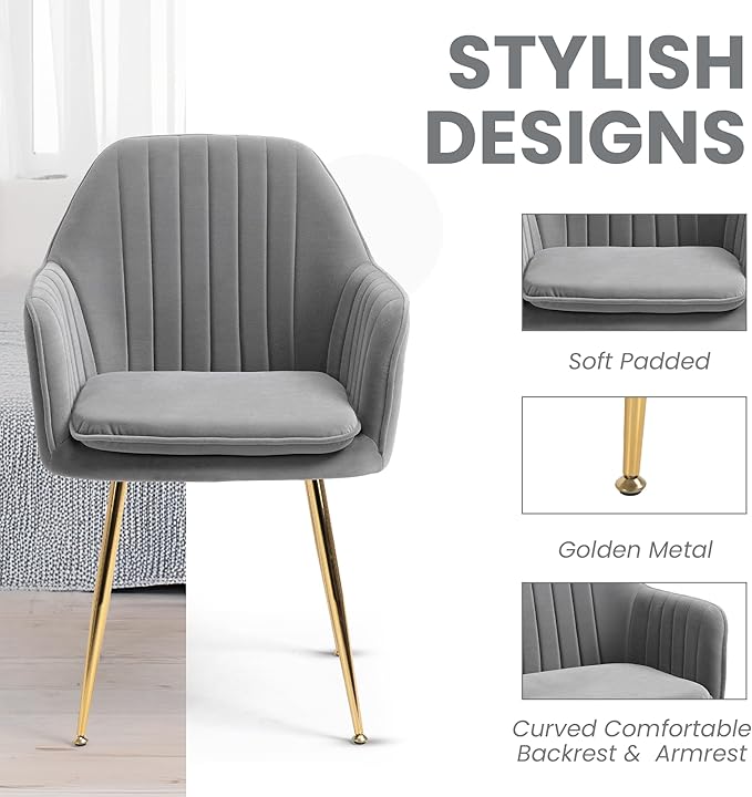 ECOTOUGE Modern Dining Chairs Set of 4, Upholstered Dining Room Chairs with Golden Metal Legs, Matte Velvet Kitchen Chairs for Dining Table, Accent Chairs for Living Room, Grey