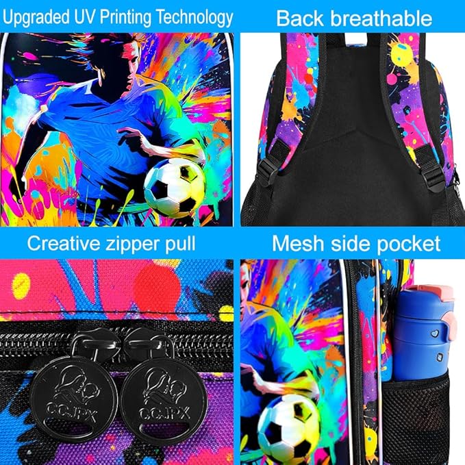 KLFVB 3PCS Backpack for Boys, 17" Kids Football Bookbag and Lunch Box, Water Resistant Teenagers School Backpacks for Middle Elementary - Spray-Paint Soccer