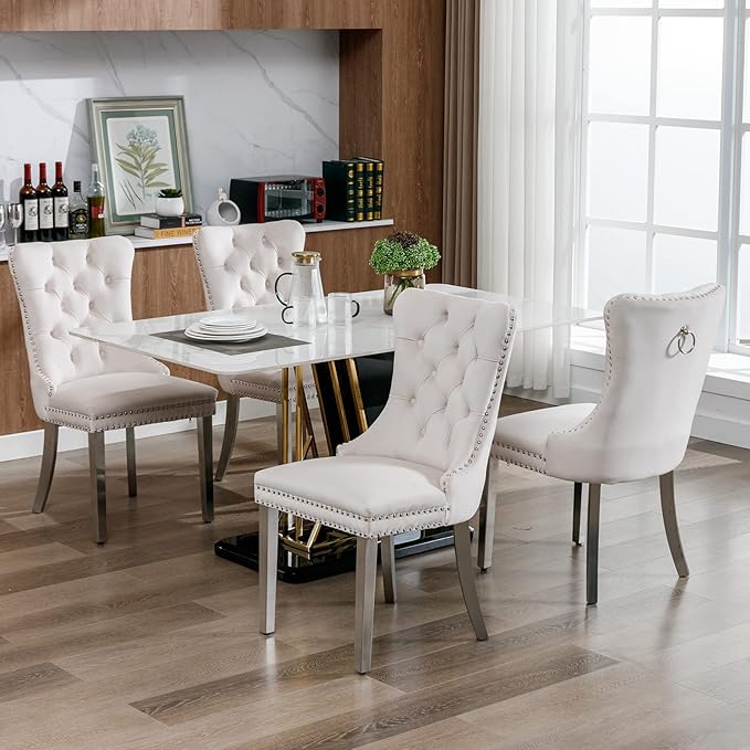 Luxury Upholstered Dining Chairs Set of 6, Beige Kitchen Chair with Silver Metal Legs, Velvet Tufted Back Dining Chair, Sillas de Comedor, Modern Kitchen & Dining Room Chairs (Beige, 6 Pcs)