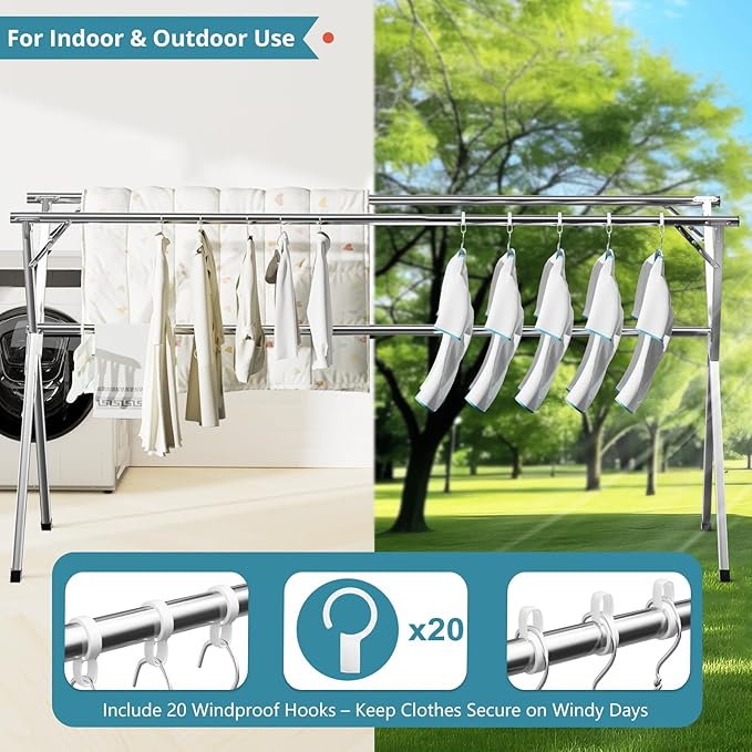 JAUREE 63 Inches Clothes Drying Rack, Drying Rack Clothing Folding Indoor Outdoor, Heavy Duty Stainless Steel Laundry Rack, Foldable Portable Large Clothes Rack Garment Rack with 20 Windproof Hooks