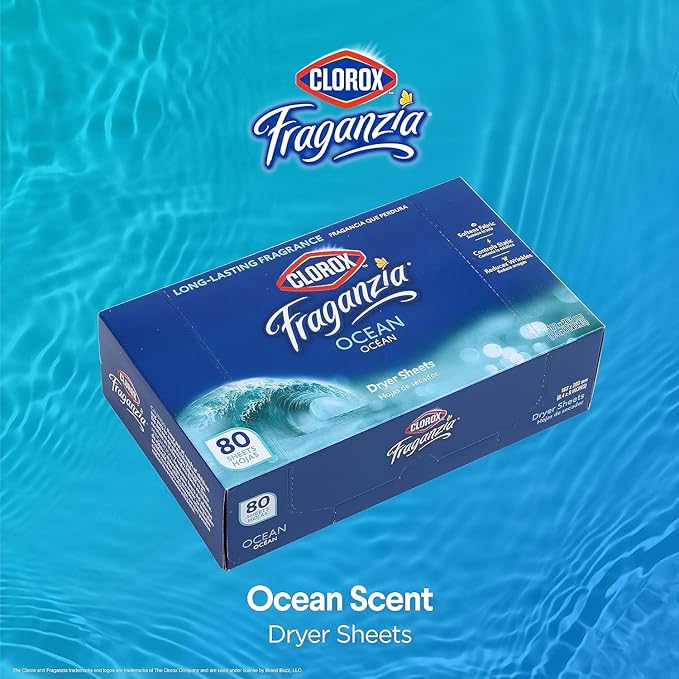 Clorox Fraganzia Fabric Softener Dryer Sheets, Wrinkle Reducing and Anti Static Laundry Dryer Sheets for Great Smelling Clothes, Softens Fabrics, Fresh Ocean Scent, 80 Count - 6 Pack