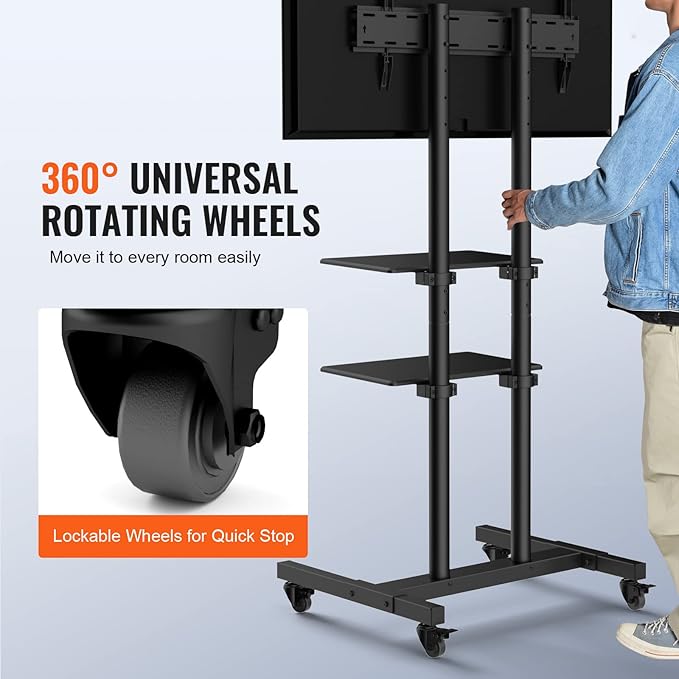 VEVOR Mobile TV Cart for 32 to 70 inch TVs, Height Adjustable Portable TV Stand with Wheels and Double Tray for Audio-Visual Devices, Rolling TV Stand for Living Room