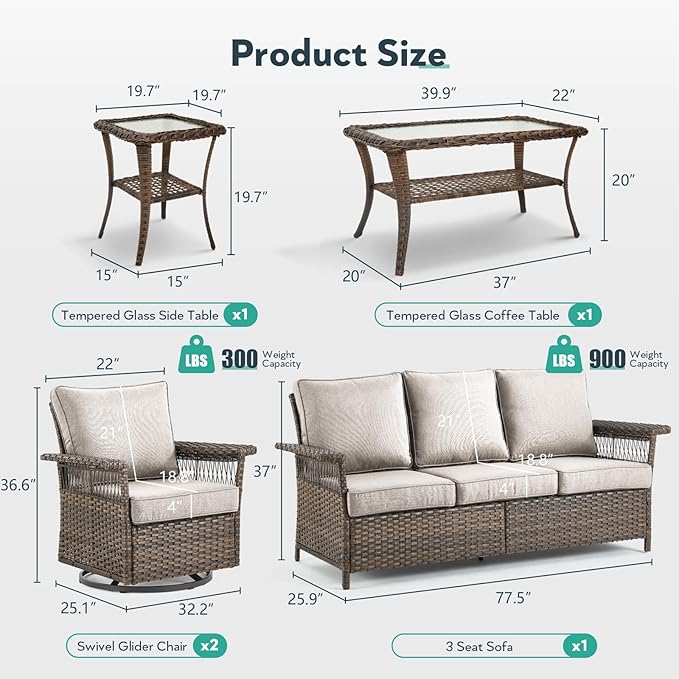 5 Pieces Wicker Patio Furniture Set - Hollow Widen Armrests Outdoor Swivel Glider Chairs and 3 Seat Sofa with Coffee Table & Side Table for Balcony Porch Deck and Yard - Brown/Beige