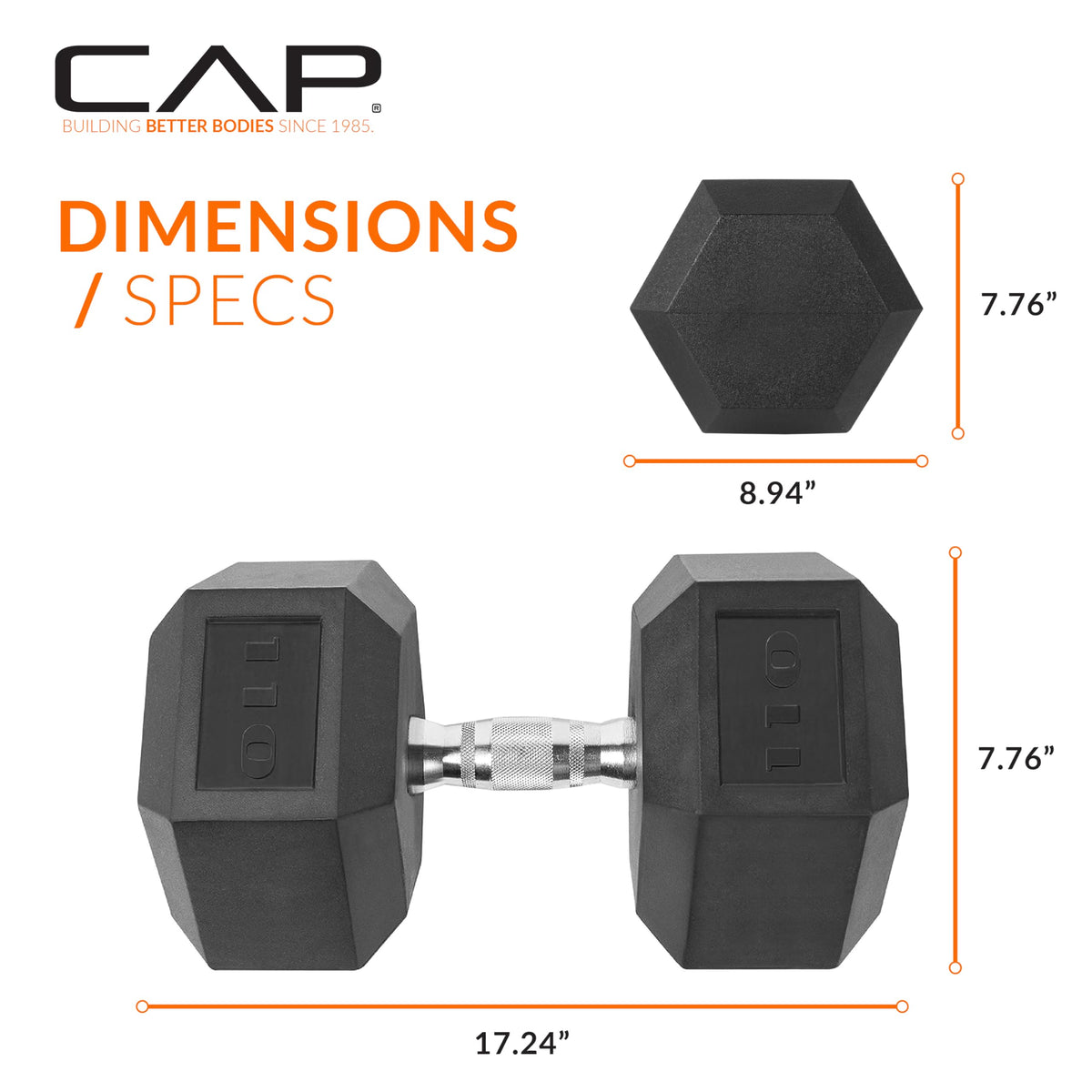 CAP 110lb Rubber Coated Hex Dumbbell, Chrome Grip, Free Weights, Single
