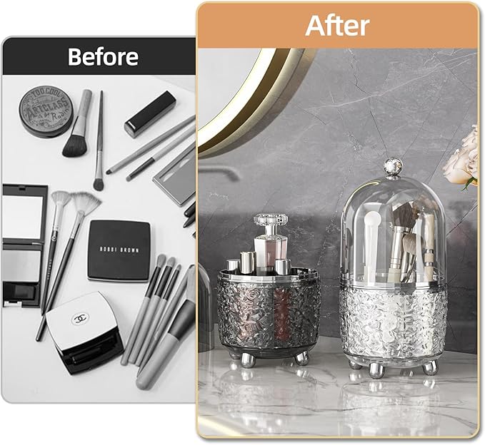 Makeup Brush Holder with Lid, 360° Rotating Cosmetic Tools Organizer with Cover, Dustproof Spinning Makeup Brush Organizer for Vanity, Ideal Gift for Girlfriend Wife Friends (Gray)