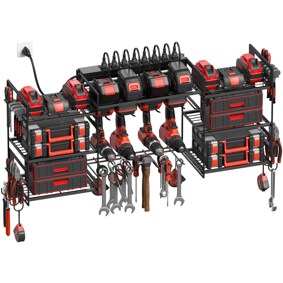 CCCEI Black Power Tool Organizer Wall Mount, Large Tools and Battery Storage Rack Charging Station Individual Switches. Drills Holder, Garage Utility Shelves with 6FT Power Strip. Gift for Men.