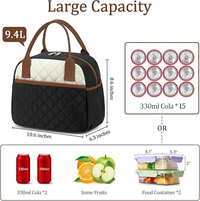 CAMTOP Lunch Box for Women Men Insulated Lunch Bag Lunch Tote Bag Leakproof Thermal Cooler Large Capacity for Travel Work School Picnic (Black White Brown)