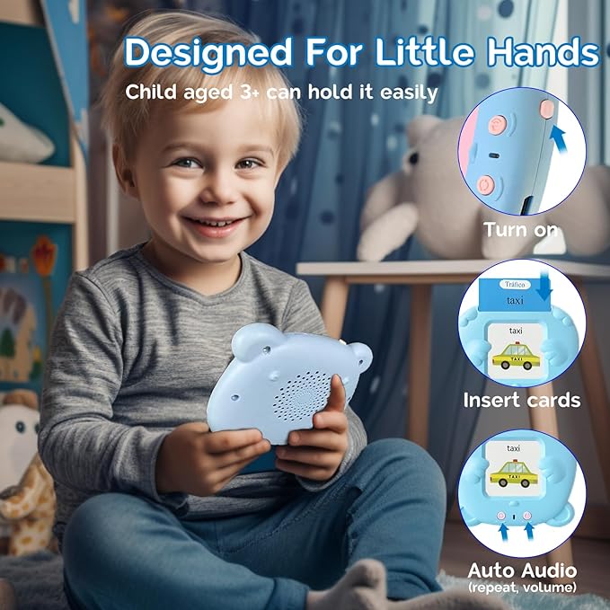 English Flash Cards Bilingual - Spanish Talking Flash Cards for Kids, Pocket Speech for Toddlers 3-12, 510 Sight Words of 31 Varieties, Sensory Toys Children with Autism (Spanish, Blue)