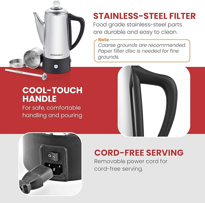 Elite Gourmet 6-Cup Electric Coffee Percolator, 1000W, Fast Brewing