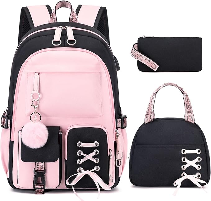Backpacks for Girls, Girls Backpack with Lunch Box and Pencil Case for Teen Kids Elementary Middle High School College Student, Children School Backpack Bookbag with USB Charging Port (Pink)