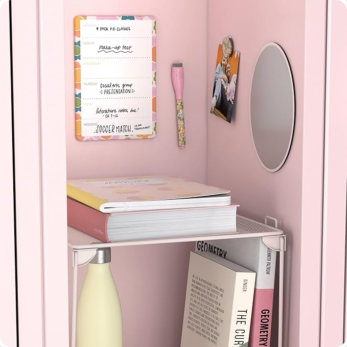 U Brands Magnetic Locker Organizer and Accessories Kit With Stackable Locker Shelf, Back to School Essentials, Saccharine Fields White, 5 Piece, Mini Mirror, Cute Magnet, Whiteboard, and More