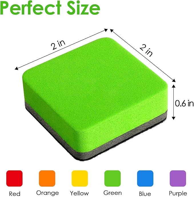 MaxGear Whiteboard Erasers, 24 Pack Magnetic Dry Erase Eraser, Mini Whiteboard Cleaning Pads for Classroom, Chalkboard Wiper Teacher Supplies for School, Office, Home, 6 Rainbow Color Set, 2 x 2 Inch