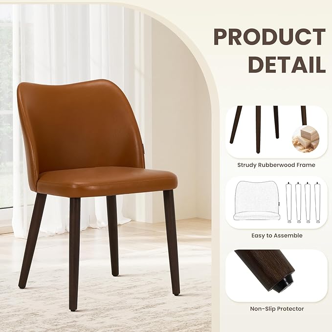 Wooden Dining Chairs Set of 4, Upholstered Kitchen Dining Room Chair, Modern Faux Leather Farmhouse Dinner Chair for Restaurant & Cafe, Light Brown
