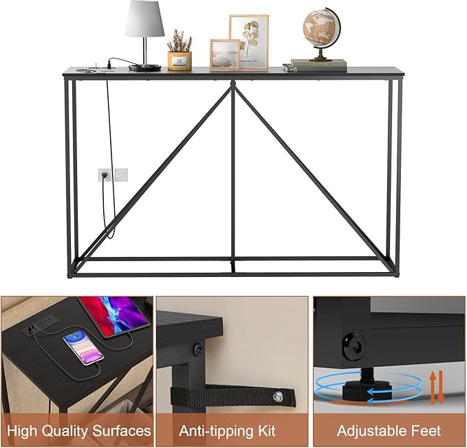 Console Table, 51" W × 12" D × 31.5" H Sofa Table Behind Couch, Entryway Table with Electrical Outlet & USB Ports, Industrial Pyramid Metal Base Console Table for Entryway, Black Wood