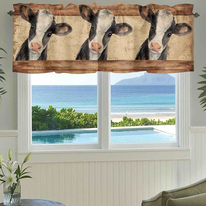 Farmhouse Cow Curtain Valances for Windows, Kitchen Valance Window Treatment