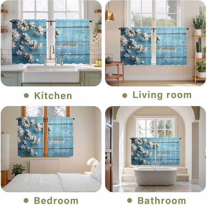 Farmhouse Wooden Grain Kitchen Curtains, Vintage Shabby Chic Flower Blue Light