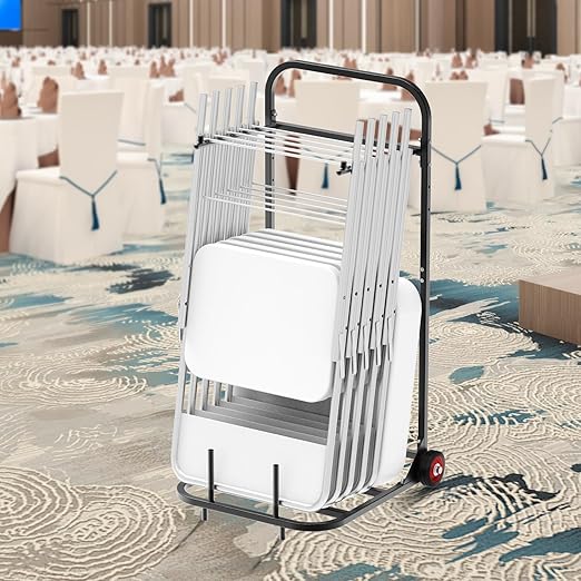 VEVOR Folding Chair Rack, 100 LBS Capacity, Heavy-Duty Chair Cart for Hanging 10 Chairs, Multi-Function Metal Chair Storage Dolly with Rubber Wheels, Push-Style Chair Holder, Matte Black
