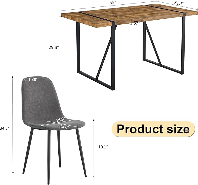 Rustic 7 Piece Dining Room Table Set for 6 People, Mid Century Modern 55 Inch Rectangle Wood Kitchen Dining Table with 6 Fabric Chairs Set, Suitable for Kitchen Dining Room