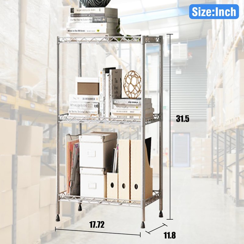 3-Tier Wire Shelving Unit, 1000 lbs Capacity, Adjustable Metal Storage Shelves for Kitchen, Pantry, Garage & Warehouse, Heavy-Duty Steel Organizer (Silver，Easy Assembly)