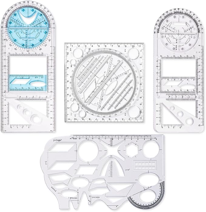 4 Pack Multifunctional Geometric Ruler, Mathematics Measuring Tool Draft Rulers Set, Rotatable Circular Drawing Template Ruler for Student Studying Designing Office Supplies (4 Styles)