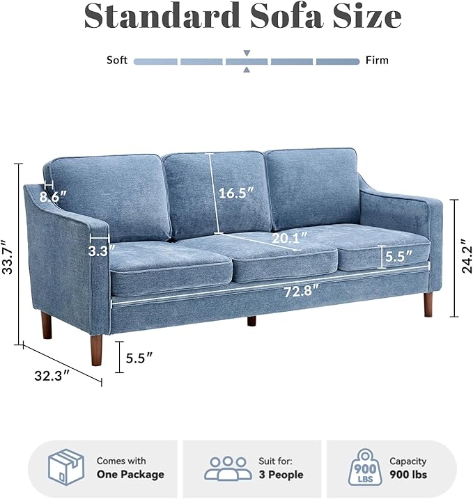 Kingfun 80" Chenille Sofa, 3 Seater Couch, Mid Century Modern Couches with Solid Wood Frame for Living Room & Bedroom, Light Blue