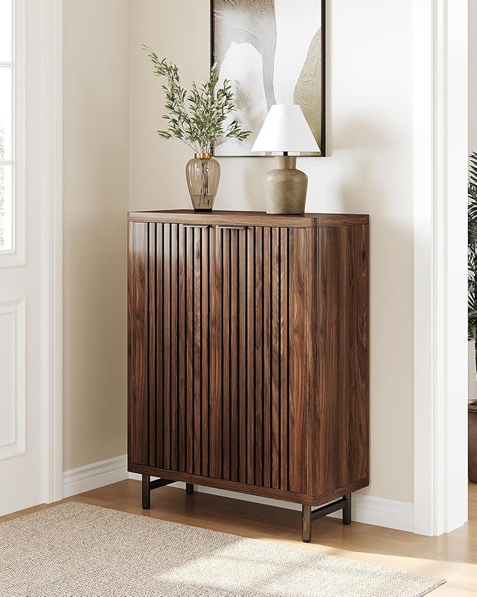 LITTLE TREE 6-Tier Shoe Cabinet with Doors for Up to 24 Pairs, Large Wooden Shoe Storage Cabinet with Adjustable Shelves, Retro Freestanding Shoe Organizer Cabinet for Entryway, Hallway, Dark Walnut