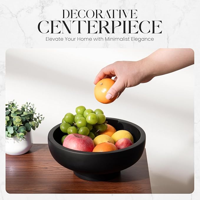 Concrete Fruit Bowl – Large Decorative Pedestal Bowl for Kitchen Counter, Entryway, or Coffee Table – Modern Catch – All Key Bowl – Heavyweight Centerpiece for Home Decor (Black)