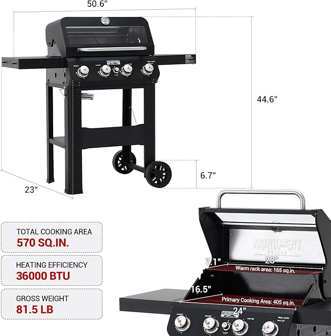 Monument Grills 4-Burner Liquid Propane Gas Grill, Matte Black Stainless Steel Burner Grill with Clearview® Lid, One Foldable Shelf for Outdoor Cooking Kitchen Patio Backyard, Mesa420MF with BBQ Cover
