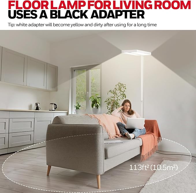 Honeywell 6000LM LED Floor Lamp, 02E Sunturalux Eye-Caring Reading Standing Light, 60W Modern Natural Daylight 4000K Dimmable 77" Tall Floor Lamps for Living Room Kids Study Home Office White