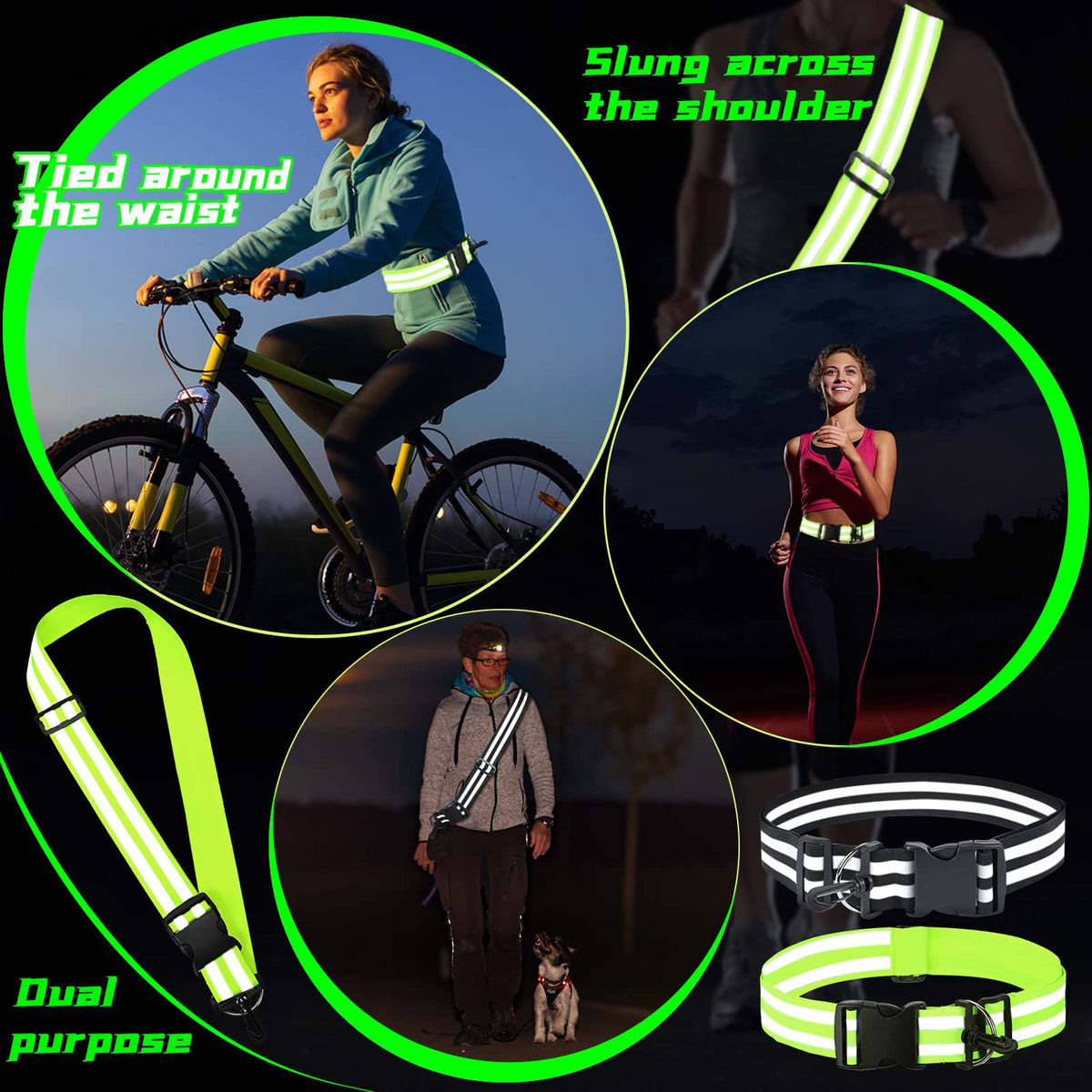 Saintrygo 2 Pieces Reflective Sash for Walking at Night Running Gear Safety Reflective High Visibility Jacket Adjustable Sash for Walking Cycling at Night (Fluorescent Green,Black)