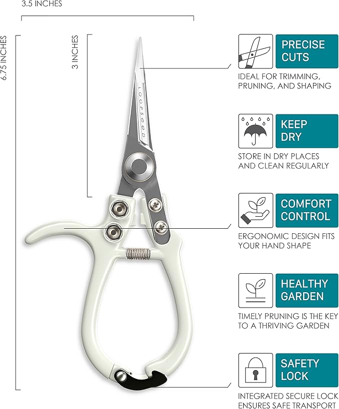 Loopseed Precision Garden Trimming Scissors & Hand Pruner - White