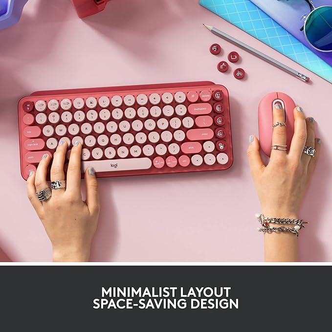 Logitech POP Keys Mechanical Wireless Keyboard with Customizable Emoji Keys, Durable Compact Design, Bluetooth or USB Connectivity, Multi-Device, OS Compatible - Heartbreaker Rose