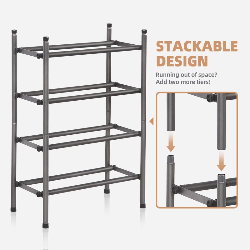 STORAGE MANIAC Expandable Shoe Rack, 8 Pairs Stackable Small Shoe Rack, Metal Adjustable Shoes Organizer for Closet, Entryway, Hallway, Garage, Front Door, Shoes Shelves, Black 2 Tier
