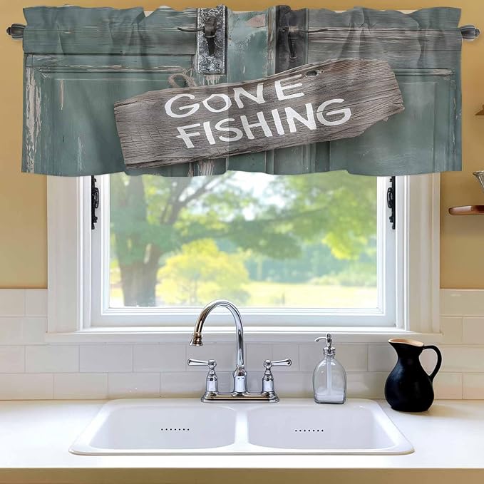 Gone Fishing Valances for Windows, Bronze Wood Grain Kitchen Valance Light