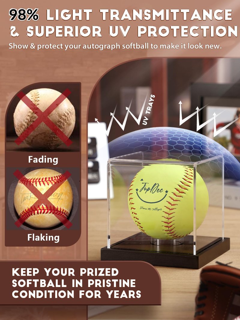JupDec Softball Display Case Clear Acrylic Ball Holder, UV Protected Cube with Wood Base Stand, Championship Sports Collections Box Showcase, Black