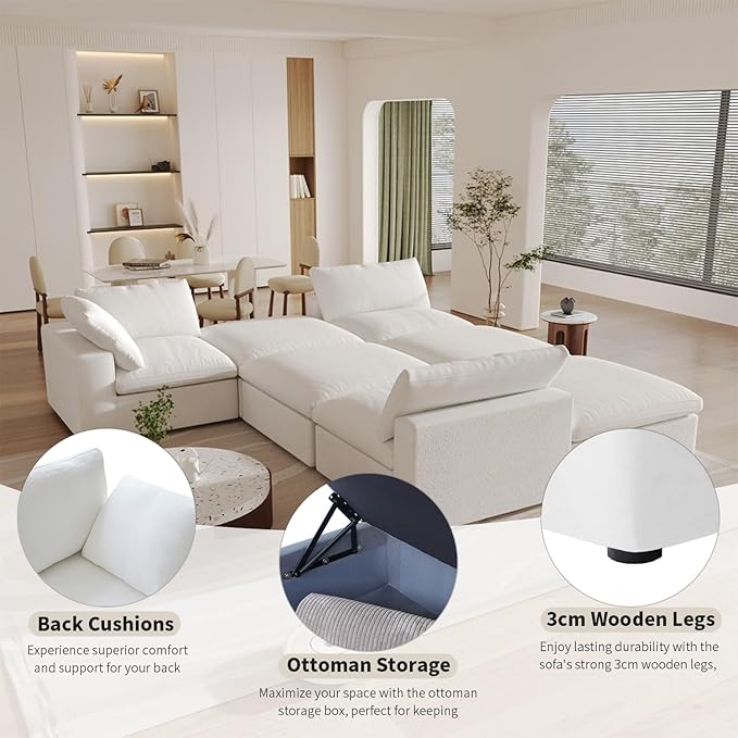 Cloud Modular Sectional Sofa Couch,Oversized U Shaped Couch 6 Seater for Living Room,160.6" Down Filled Convertible Couches with Storage Ottoman, Covers Washable&Replaceable,White
