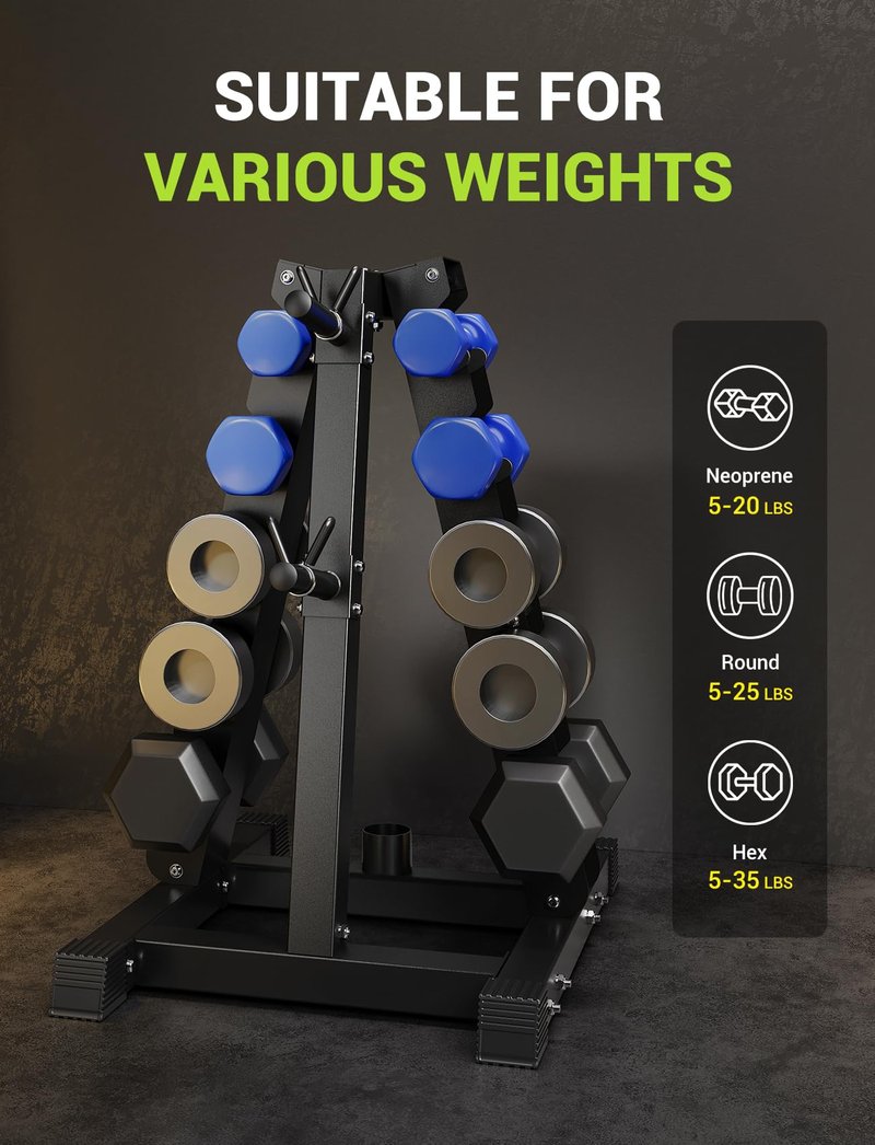 YOLEO 5-Tier A-Frame Dumbbell Rack Stand, Heavy-Duty 3-in-1 Weight Rack for Dumbbells, Barbells & Plates, Space-Saving Home Gym Organizer, 1100LBS Capacity, 19.5"x24.6"x30.7" (Rack Only)
