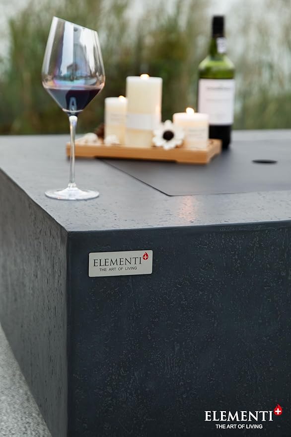 Elementi+ | Bundle Bergen Gas Fire Pit Cast Concrete 40" Square Fire Table, Outdoor Fire Pit Electronic Ignition | Canvas Cover, Fire Glass and Burner Lid Included | Dark Gray | Propane Gas