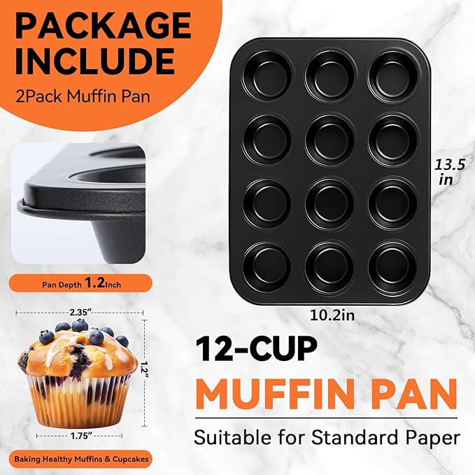 Yoehka 2 Pack Muffin Pan for Baking, Non-stick Cupcake Pan Set, Black