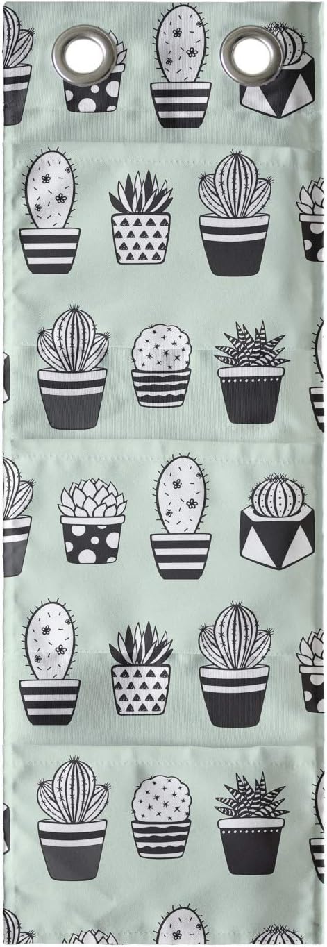 Ambesonne Cactus Hanging Pocket Organizer, Mini Cacti in Pots with Geometric Designs Polka Dots Stripes, Printed Polyester Storage Bag with Pockets, 9" x 27", Mint Green Charcoal Grey
