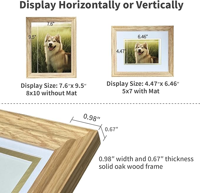8x10 picture Frame Matted to 5x7, 5*7 Picture Frame with Mat ,8*10 Solid Oak Wood Picture Frames Tabletop or Wall Mount Display，8 by 10 Premium Photo Frame with Real HD Tempered Glass ,Oak Color, 1 Pack