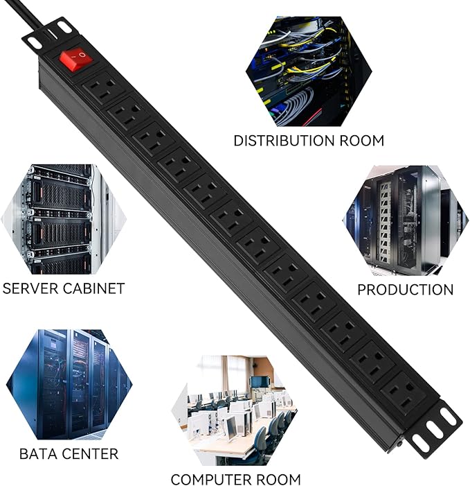 BTU Power Surge Protector Rack-Mount PDU, 12 Outlet Power Strip with Switch, Metal Mountable Heavy Duty for Server Racks, Garage Shop, Industrial Commercial (Black 6FT)