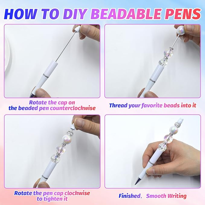 300 Pieces DIY Beadable Pen Kit – 100 Plastic Ballpoint Pens with Refills & Bags – School Supplies, Office Accessories & Decorative Items for Students & Teachers (Black and White)
