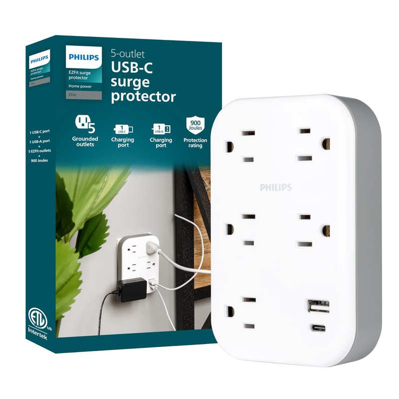 Philips EZFit 5-Outlet Extender Wall Tap with Surge Protection, Grounded Adapter, Charging Station, 3 Prong, 1 USB-A, 1 USB-C, 900J, White, SPP3513W/37