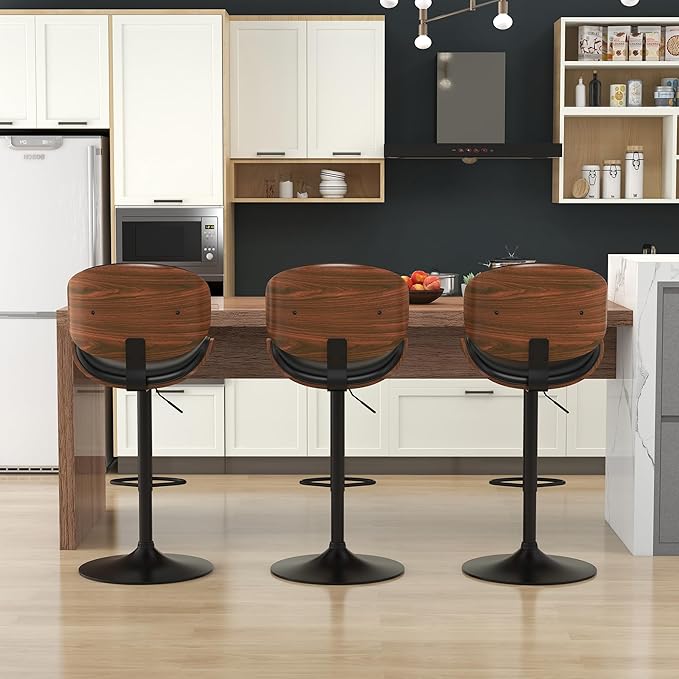 KCC Bar Stools Set of 4, Swivel Adjustable Height Barstools, PU Leather Upholstered Bar Chairs with Footrest, Bentwood Bar Stool for Kitchen, Bar, Dining Room(Black PU)