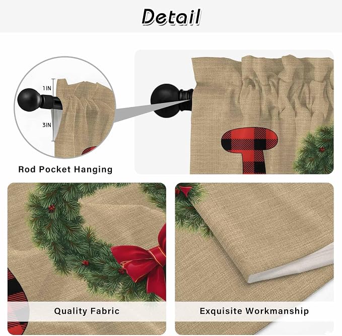 Red Green Christmas Kitchen Curtains 45 Inch Long 2 Panel Set, Rod Pocket