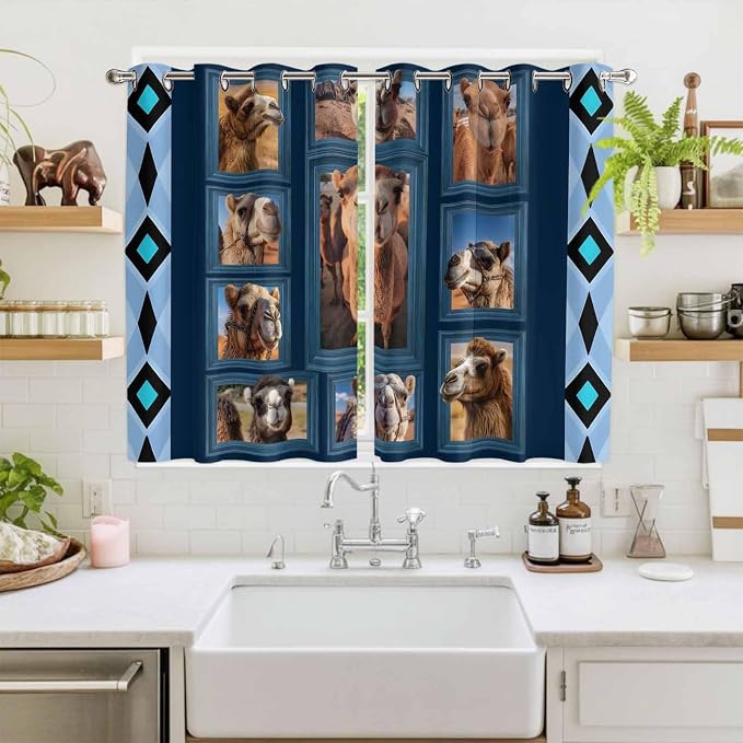 2 Panel Kitchen Cafe Curtains, Desert Camels Sunlight Filtering Nature Air